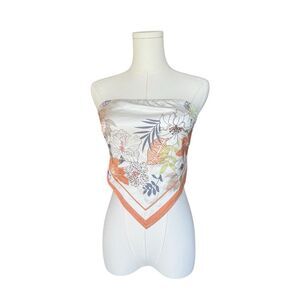 Silky satin scarf blouse white with floral print S